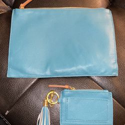 2 Double Zipper Bags Set In Leather/Blue Color