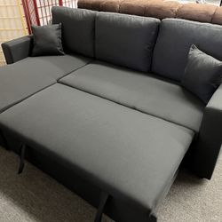 Sale‼️ Black Linen Pull Out Sectional Sofa