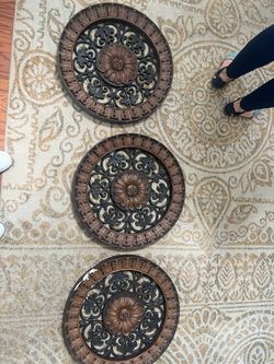 Set of 3 Decorative Round Wall Art Pieces - Bronze & Black Floral Design