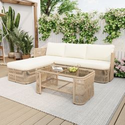 Outdoor PE Rattan Patio Furniture Set with Iron Frame, Dark Beige Wicker Conversation Sofa