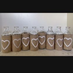 8 Glass Bottle w/ burlap and hearts - perfect for wedding decor! 