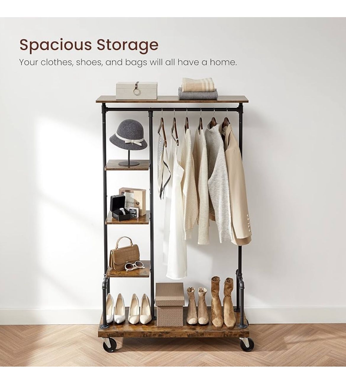 Clothes Rack, Clothing Garment Rack on Wheels, Rolling Clothes Organizer with 5-Tier, Industrial Pipe Style, Rustic Brown UHSR66BX