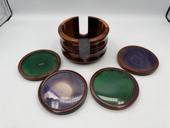 VINTAGE AGATE GEODE STONE COASTER SET OF 4 WITH WOOD HOLDER