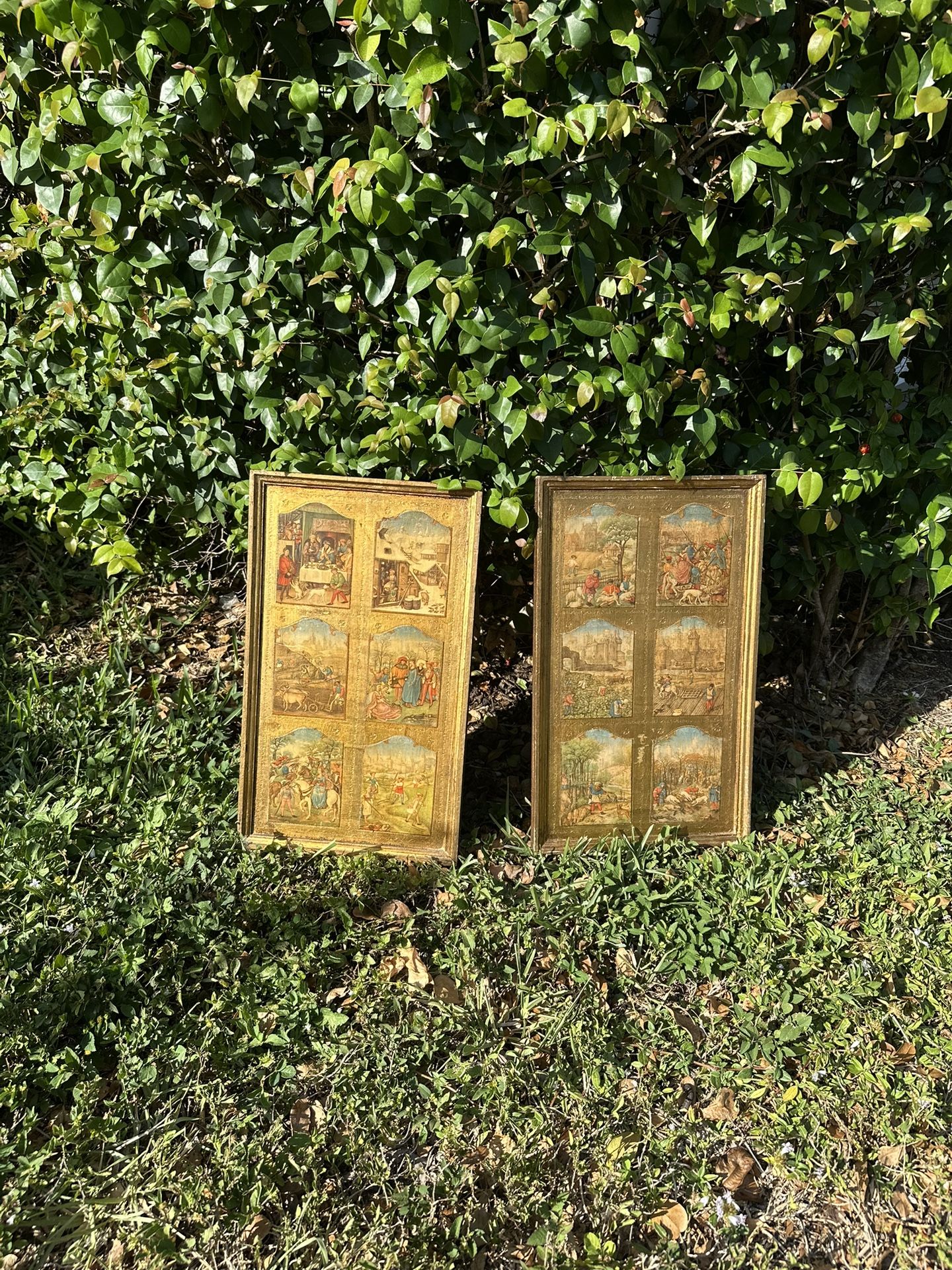 Antique prints, gilded gold wall decor, antique gold art, historical art, medieval, European Middle Ages setting, vintage wall decor, 27x46cm