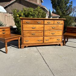Antique Mid Century Solid Maple Wood 10 Drawer Dresser Chest of Drawers and Nightstand Furniture Set