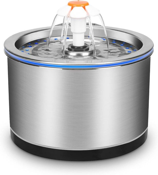 84oz/2.5L Stainless Steel Pet Water Fountain with LED Light & Filter
