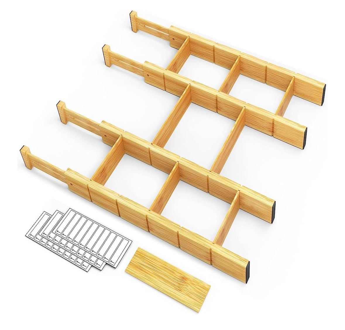 Drawer Dividers with Inserts and Labels, Kitchen Adjustable Drawer Organizers, Expandable Organization for Home, Office, Dressers, 4 D