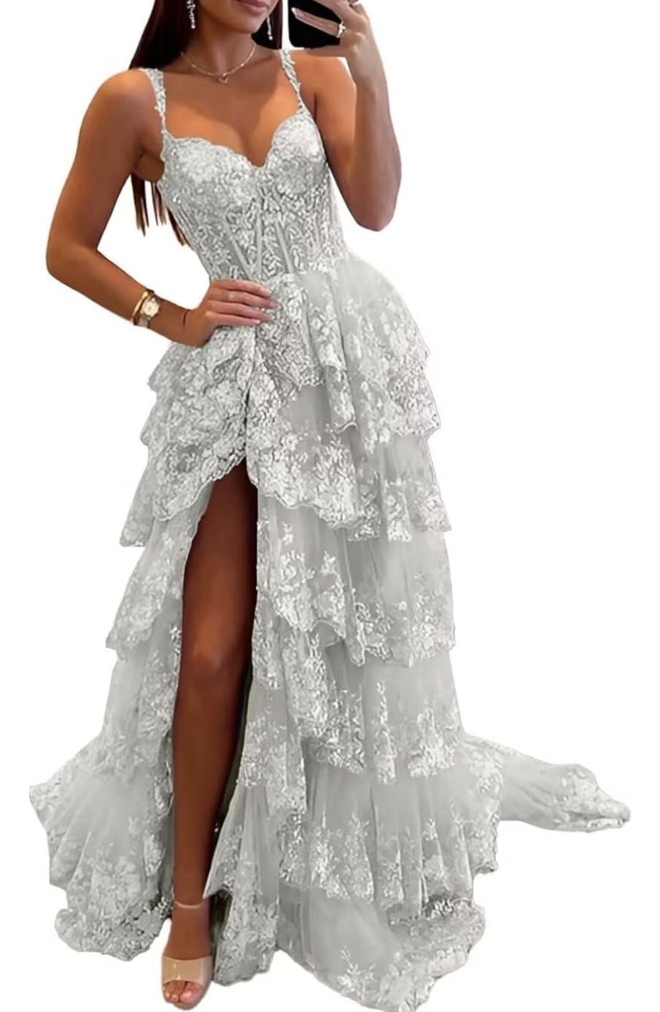 Sparkly Tulle Prom Dresses Long Tiered Lace Appliques A Line Spaghetti Straps Evening Party Gowns for Women with Slit 