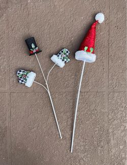 2 Christmas Holiday Decorative Picks Santa and Snowman