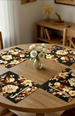New McKenzie Childs Wild Rose Brown Cork Back Placemats Set Of 4