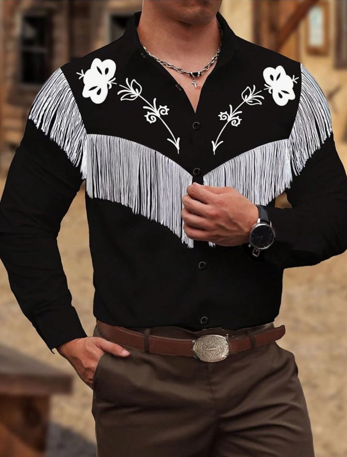 Small Satin Men's Vintage Western Cowboy Shirt Floral Fringe Shirt Long Sleeve Button Down 70s Hippie Top Cowboys Costume