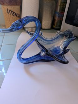 Vtg Sooner Blue Swirl Blown Glass Swan