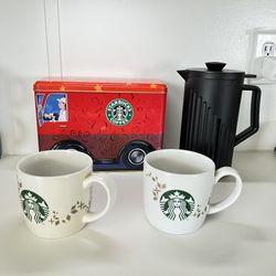 STARBUCKS COFFEE PRESS 8 CUPS & 2 MUG Starbucks Coffee Co Collectible Metal Tin Canister 10" × 7"