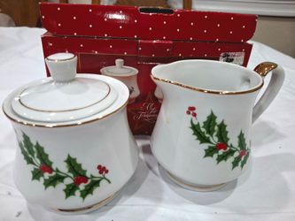 All the Trimmings Christmas Macys Sugar & Creamer Set and Candle Holders