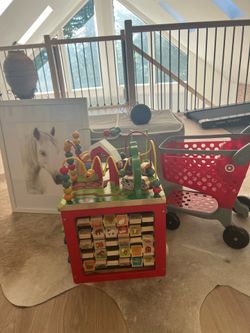 Kids busy block wooden toy and bundle! Storage, shopping cart, picture and Alexa