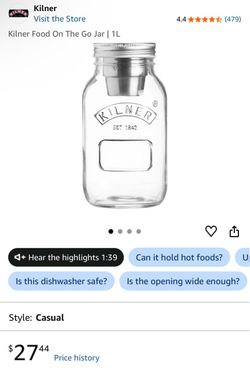 Kilner Food On The Go Glass Jar 1L ($28 now $14) Brand New