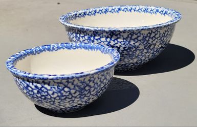 Tienshan Folk Craft Sponge Blue Bowls Set 10" and 7" round