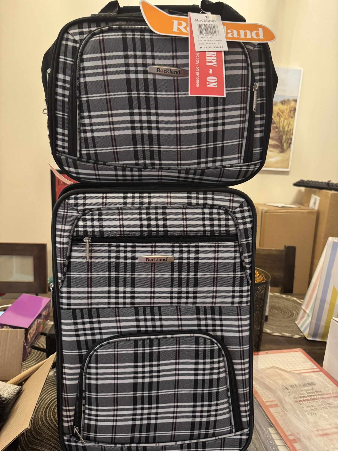 Luggage Set, Expandable, Black Plaid, 2-Piece