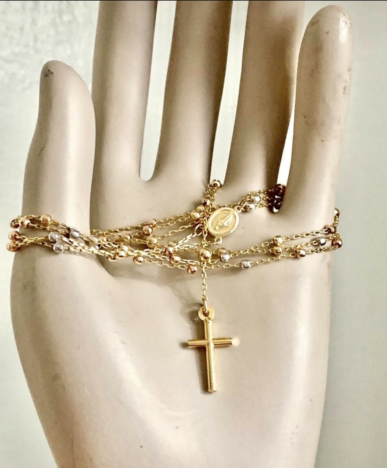 Real 14 k Yellow Gold ( , Not plated , Not filled ) Rosary chain. The Width of the necklace is  3.78mm and 29” with 4 Inch Long extension. Total Weigh