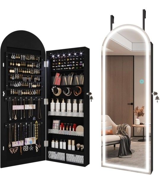Black Arched Lighted Mirror Jewelry Cabinet Armoire Retails $154
