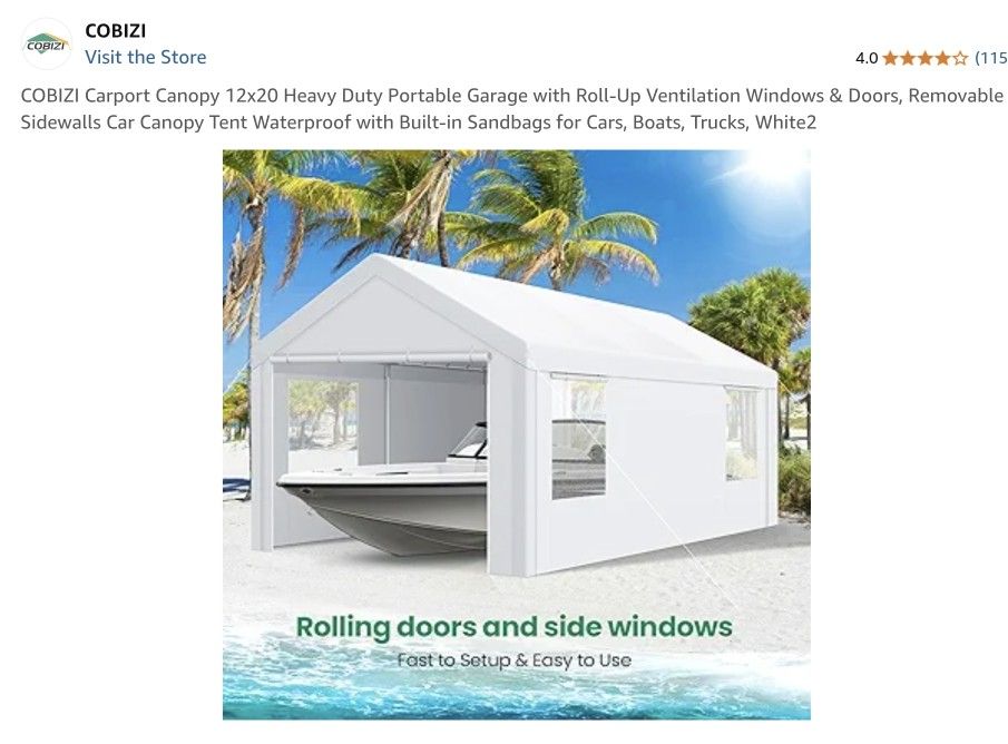 COBIZI Carport Canopy 12x20 Heavy Duty Portable Garage with Roll-Up Ventilation Windows & Doors, Removable Sidewalls Car Canopy Tent Waterproof with B