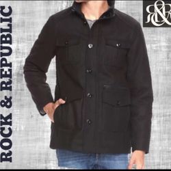 Rock & Republic Men’s Wool Bomber Jacket – Black | Size Small | Button & Zip