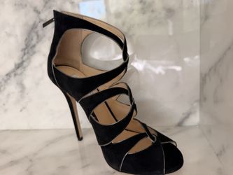 Jimmy Choo Black Suede Strappy Peep Toe Stiletto Heels Size 38.5 Made in Italy