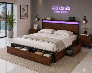 King Bed Frame with LED Storage Headboard 4 Drawers Charging Station K-7