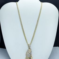 14k solid Gold Cubana Diamond cut chain and hands with rosary, pendant gold necklance