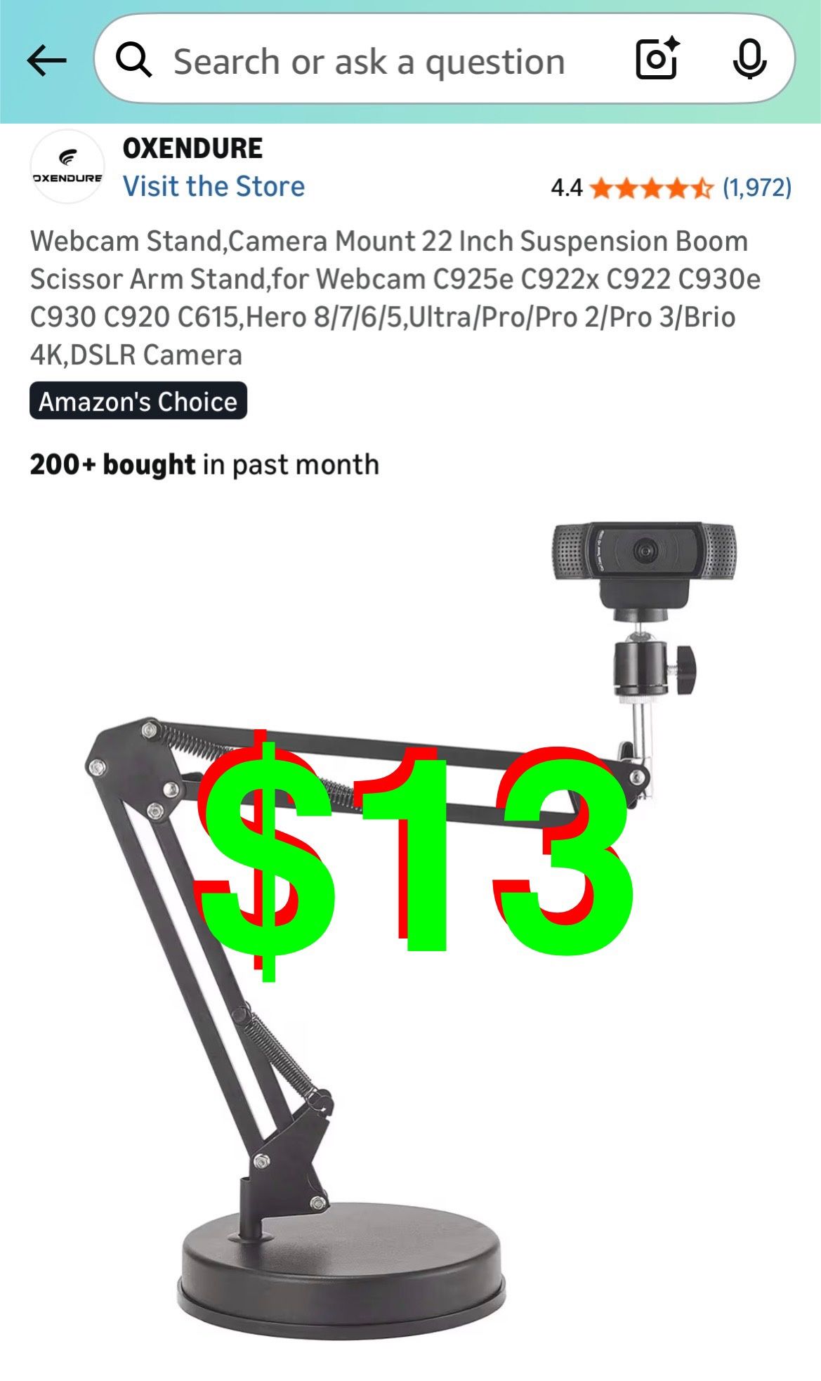 Webcam Stand,Camera Mount 22 Inch Suspension Boom Scissor Arm Stand,for Webcam C925e C922x C922 C930e C930 C920 C615,Hero 8/7/6/5,Ultra/Pro/Pro 2/Pro