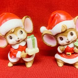 2-Vintage HOMCO #5405 Christmas Mice Ceramic Figurines 3 3/4”tall 
