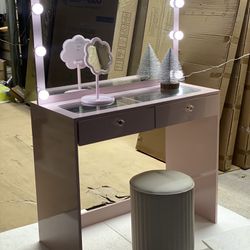 Small Glass Top Make Up Vanity With Stool - Pink & Black