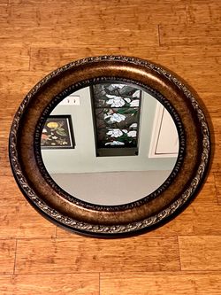 Large Round Wall Mirror with Ornate Bronze Frame