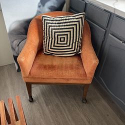 RARE VINTAGE designer Martin Brattrud Orange Crushed Velvet 1970 Russet Armchair Rolling Wheels mod style  24” width  Height 30”  Chair height 16”  On