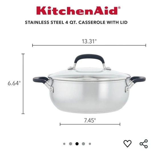KitchenAid 71021 Stainless Steel Casserole with Lid, 4 Quart - Brushed Stainless Steel