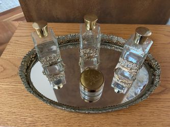 Vintage gold filigree oval mirror vanity tray and accessories