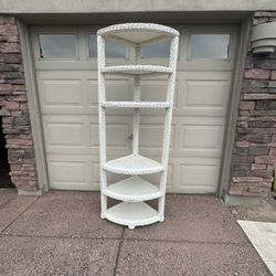 Vintage White Wicker Rattan Corner Shelf