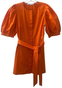 Zara Women’s Size Large Orange Puff Sleeve Poplin Dress Stained Belt