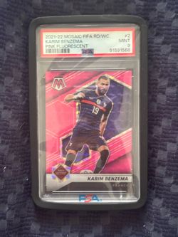 Karim Benzema 1/10 PSA 9 Pop 1 World Cup 2022 Edition Pink Fluorescent Mosaic