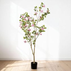 5FT Artificial Bougainvillea Tree with Black Plastic Pot, Realistic Fake Flowering Tree for Indoor Home Office Decor, Potted Faux Plant, 1pc/set