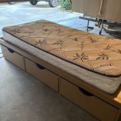 Wood Twin Bed With Large Drawers & Mattress