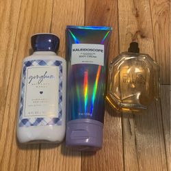 Gingham lotion, Kaleidoscope body cream , Ellen Tracy perfume pot 