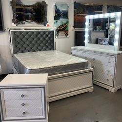 New White Bedroom 4pc Set Queen Bed,dresser,Hollywood Mirror,nightstand  We Finance $39 Initial Payment 