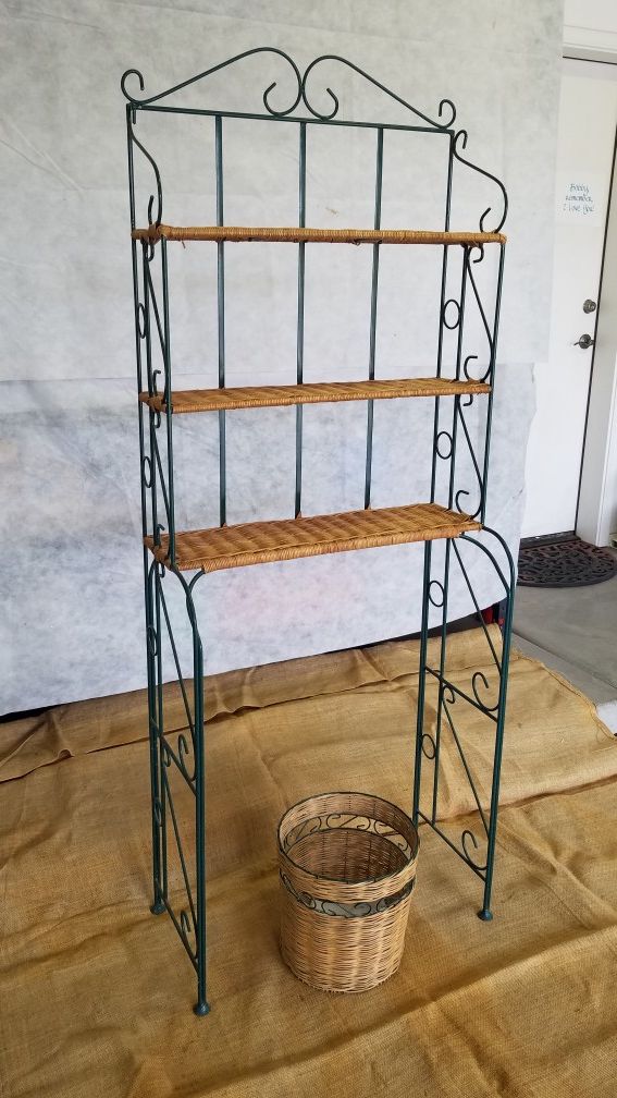 Wrought Iron and Wicker shelving rack with matching waste basket