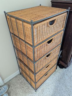Metal Framed Wicker Drawer Storage Tower