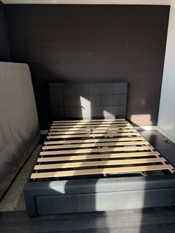 Queen size Grey Upholstered Platform Bed Frame with Headboard
