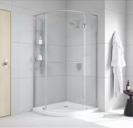 🆕 Glamour 38 in. x 73.90 in. Semi-Frameless Pivot Corner Shower Door in Satin Nickel with 38 in. x 38 in. Base in White