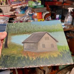 Serene Lakeside Cabin Painting 10x8" Canvas Oil Paiting Art