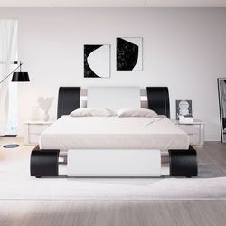 Queen Size Bed Frame with Iron Piece Decor, Faux Leather Upholstered Platform Bed with Adjustable Headboard & Strong Wooden Slats, No Box Spring Neede