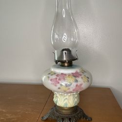 Vintage Floral Milk Glass Oil Lamp w/ Chimney – Ornate Base – Beautiful Decor